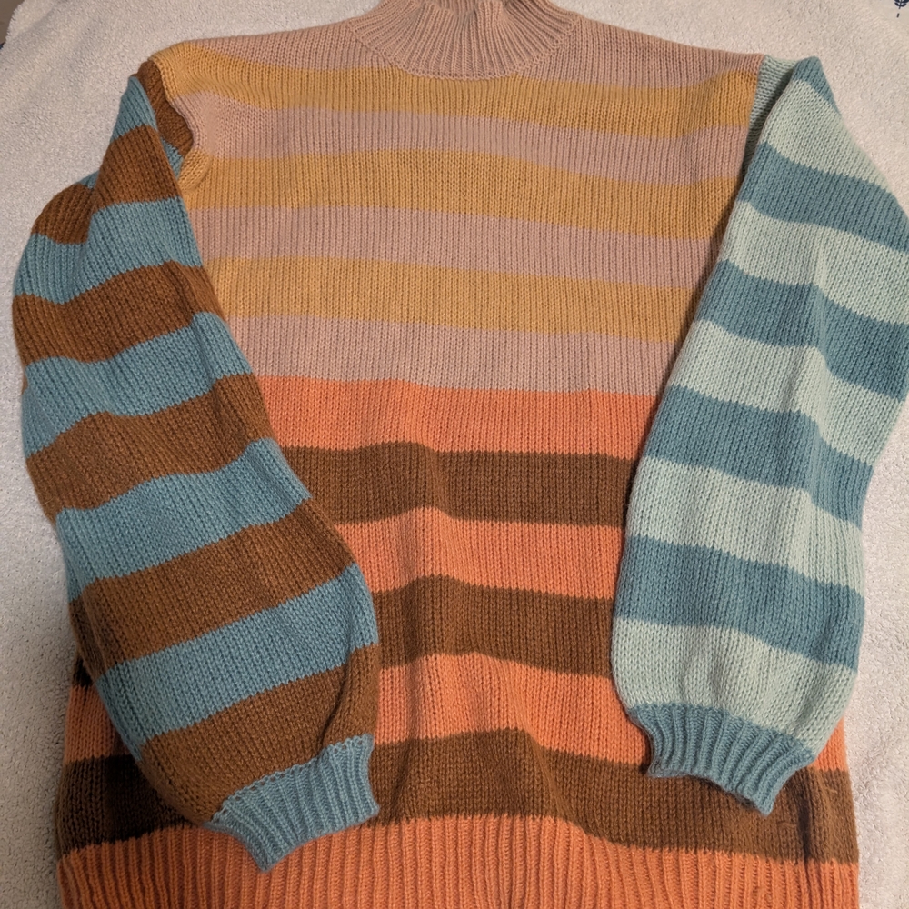 Listicle Pink and Yellow Cowl Neck Sweater with Asymmetrical Stripes